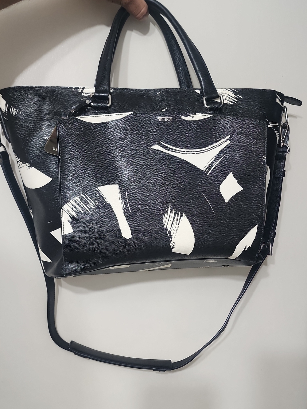 Tumi Sinclair Camila Black and White Brushstroke Tote with Crossbody Strap